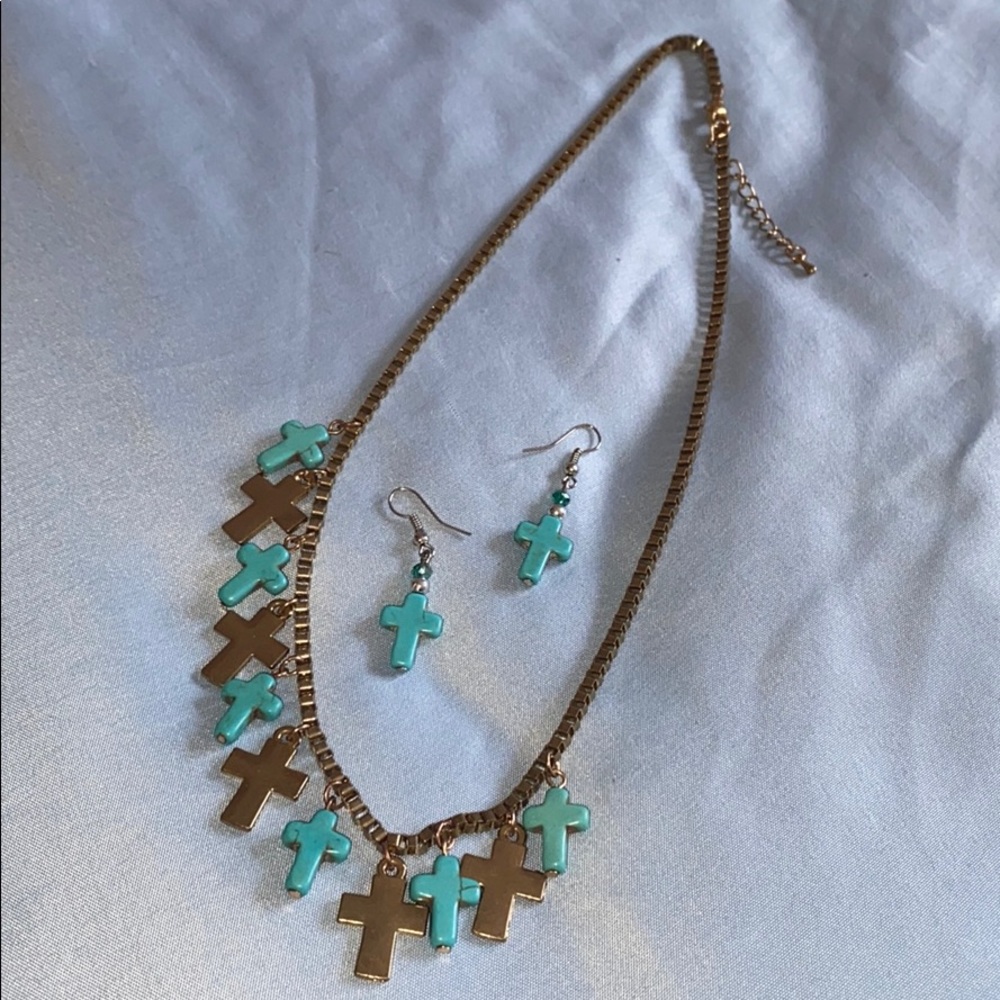 Turquoise cross necklace and earrings set